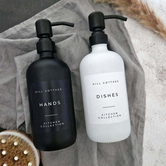 Refillable Matte Black and White Glass 500ml Bottle. Shampoo, Conditioner, Hand Soap Dispenser.